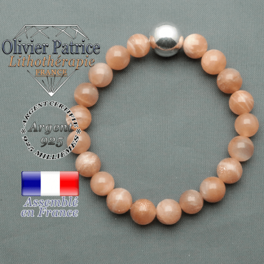 bracelet boule lisse de 12mm en argent 925 en pierre du soleil