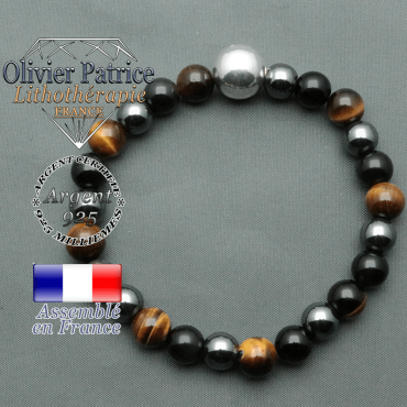 bracelet boule lisse de 12mm en argent 925 en obsidienne hematite oeil de tigre