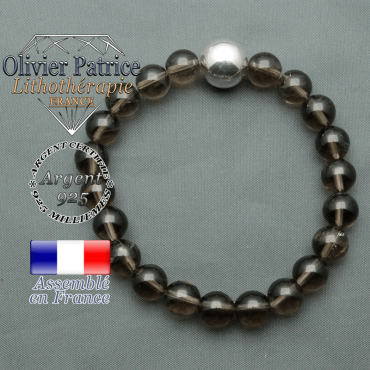 bracelet boule lisse de 12mm en argent 925 en quartz fume