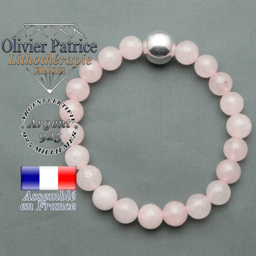 bracelet boule lisse de 12mm en argent 925 en quartz rose