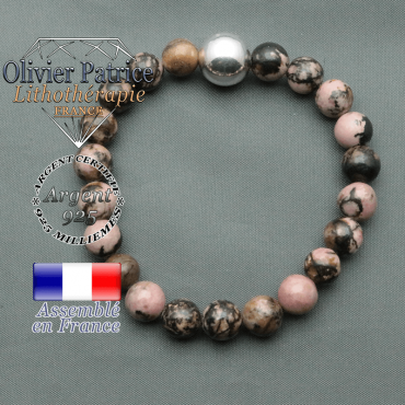 bracelet boule lisse de 12mm en argent 925 en rhodonite