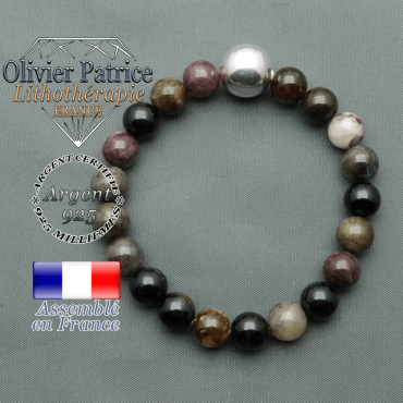 bracelet boule lisse de 12mm en argent 925 en tourmaline elbaite