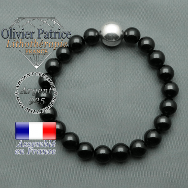 bracelet boule lisse de 12mm en argent 925 en tourmaline noir