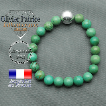 bracelet boule lisse de 12mm en argent 925 en turquoise du tibet