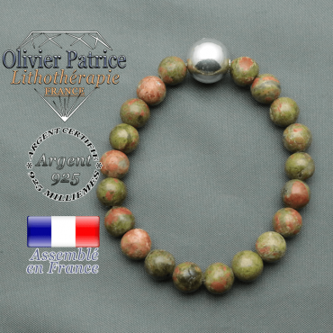 bracelet boule lisse de 12 mm en argent 925 en unakite