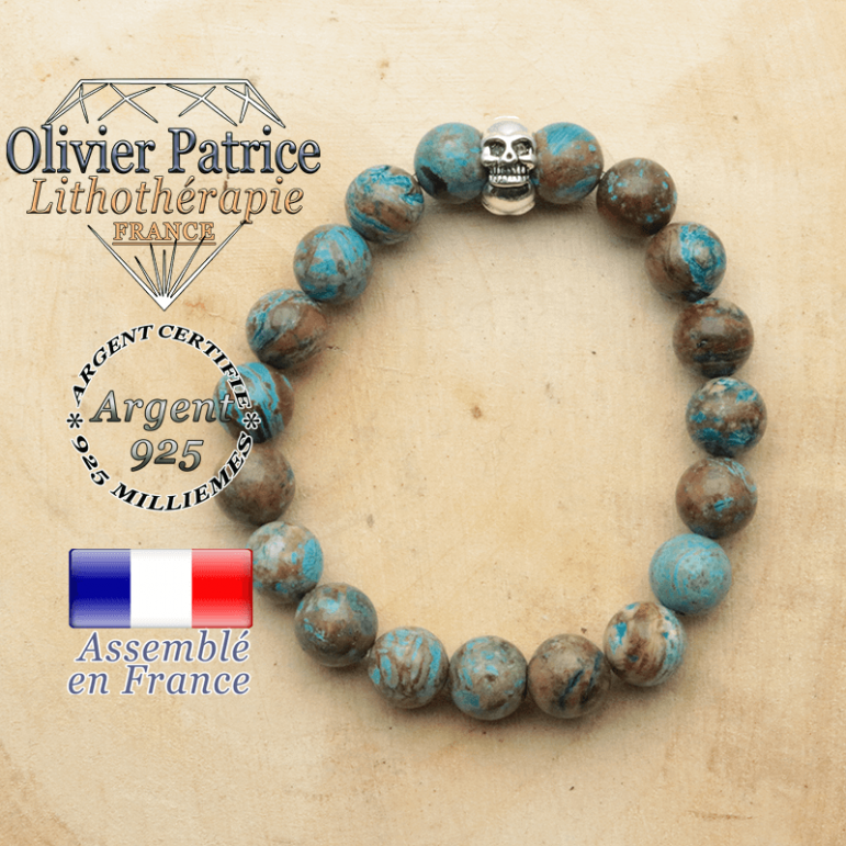 bracelet tete de mort avec sa pierre naturelle en agate bleue crazy lace