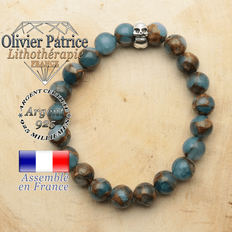 bracelet tete de mort avec sa pierre naturelle en bornite