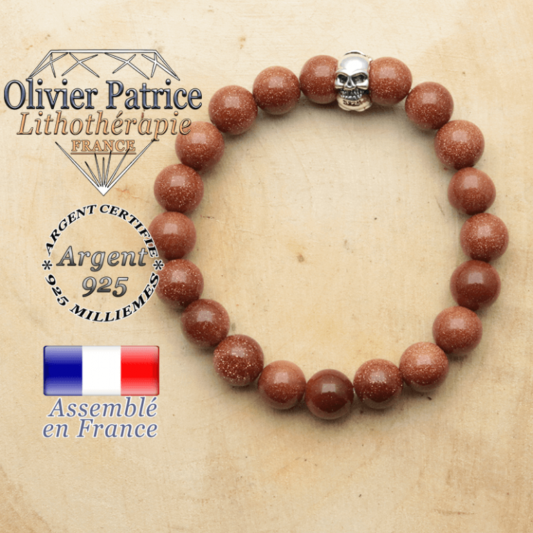 bracelet tete de mort avec sa pierre naturelle en goldstone