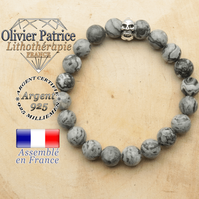 bracelet tete de mort avec sa pierre naturelle en jaspe gris crazy lace