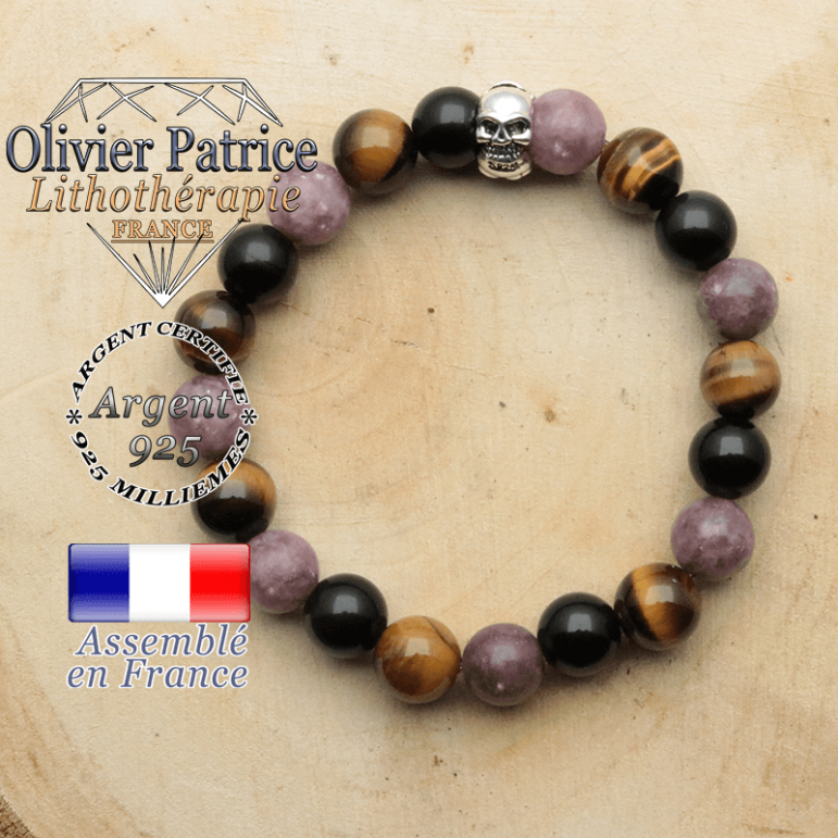 bracelet tete de mort avec sa pierre naturelle en protection femme