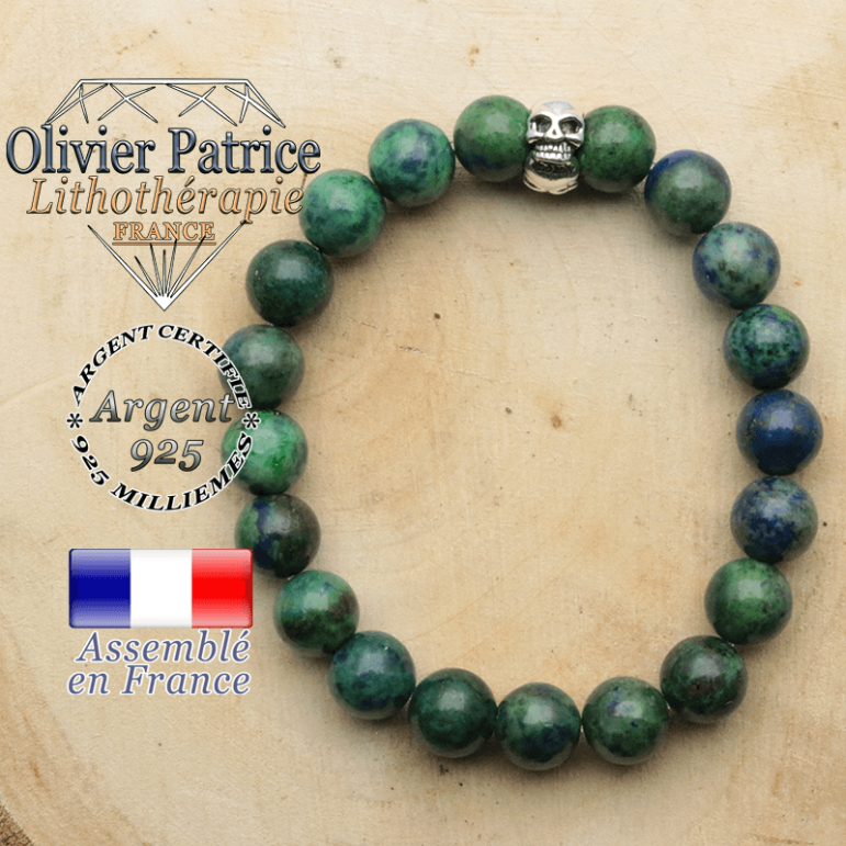 bracelet tete de mort avec sa pierre naturelle en azurite malachite