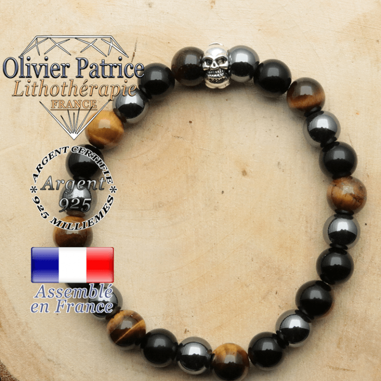 bracelet tete de mort avec sa pierre naturelle en protection homme