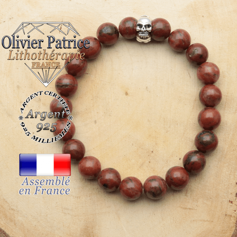 bracelet tete de mort avec sa pierre naturelle en jaspe rouge
