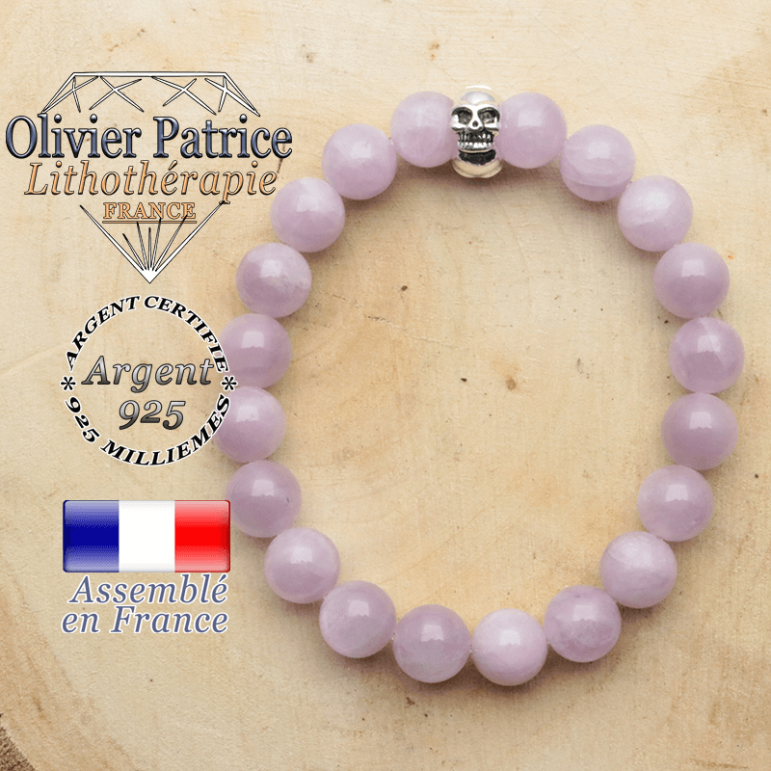 bracelet tete de mort avec sa pierre naturelle en kunzite