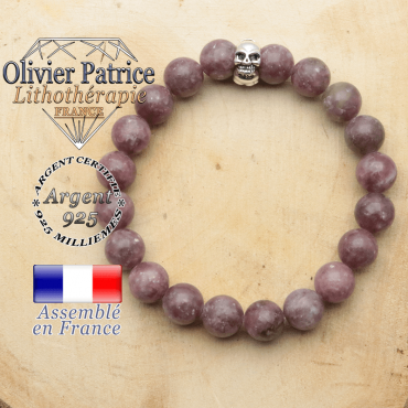 bracelet tete de mort avec sa pierre naturelle en lepidolite