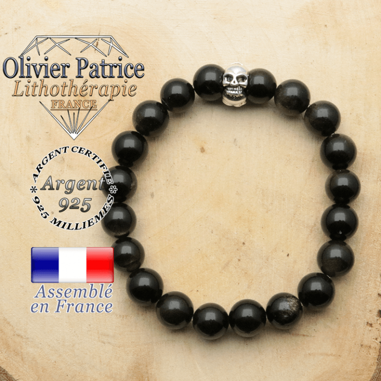 bracelet tete de mort avec sa pierre naturelle en obsidienne dore