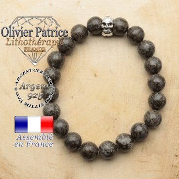 bracelet tete de mort avec sa pierre naturelle en obsidienne neige brune