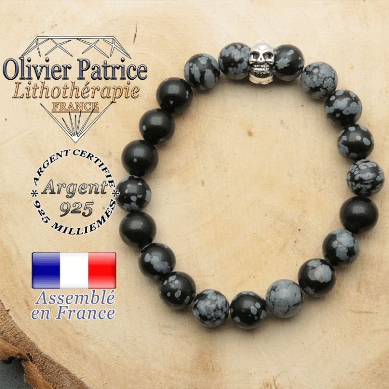 bracelet tete de mort avec sa pierre naturelle en obsidienne neige