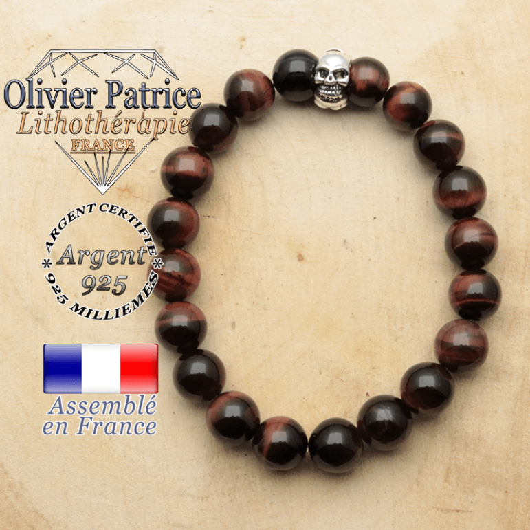 bracelet tete de mort avec sa pierre naturelle en oeil de taureau