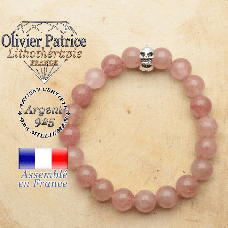bracelet tete de mort avec sa pierre naturelle en quartz-fraise