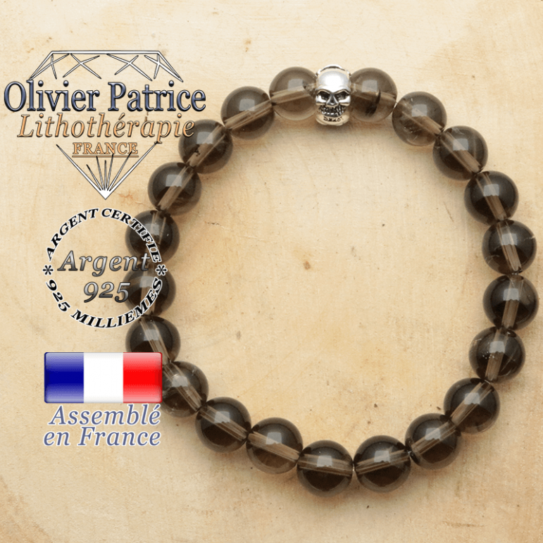 bracelet tete de mort avec sa pierre naturelle en quartz fume