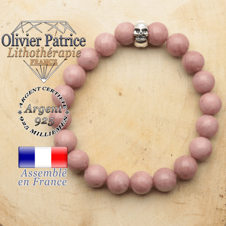 bracelet tete de mort avec sa pierre naturelle en rhodochrosite