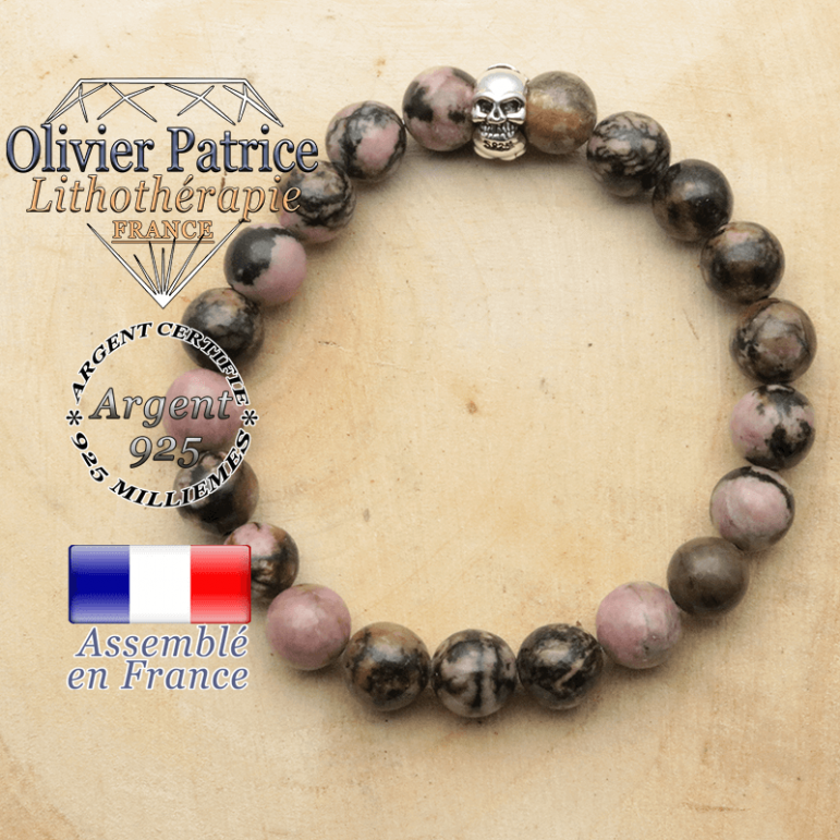 bracelet tete de mort avec sa pierre naturelle en rhodonite