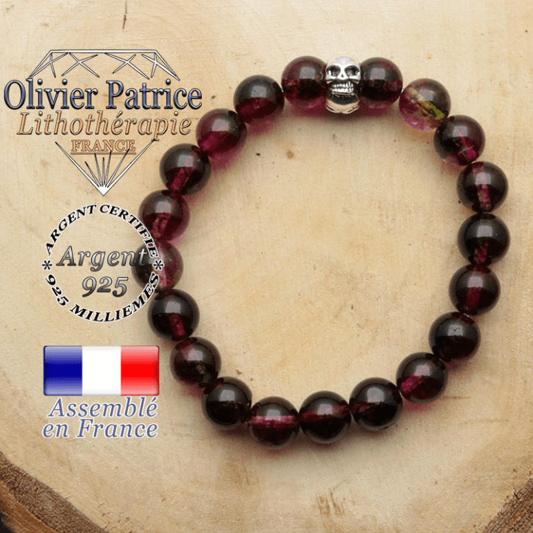 bracelet tete de mort avec sa pierre naturelle en tourmaline melon d'eau