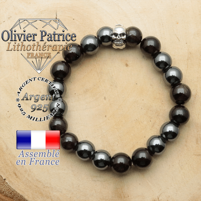 bracelet tete de mort en argent 925 et sa pierre naturelle en grenat et hematite
