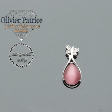 Pendentif quartz rose naturel surmonté d'un papillon en argent 925