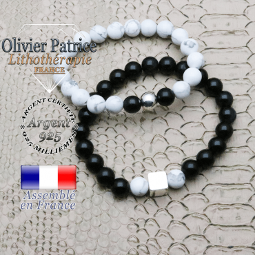 Ensemble de deux bracelets pour le couple de pierres gemmes naturelles en howlite, obsidienne céleste oeil et argent 925