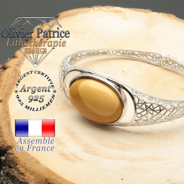 Bracelet jaspe mokaite pierre naturelle dressee sur un jonc ouvert tissé toile d'araignée
