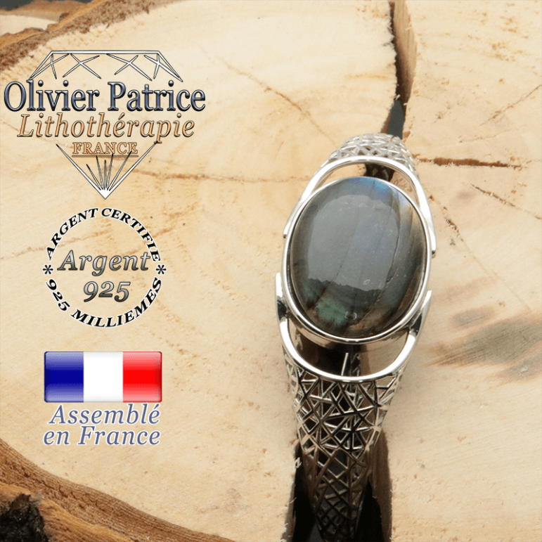 Bracelet pierre gemme labradorite naturelle et toile araignée jonc argent ouvert