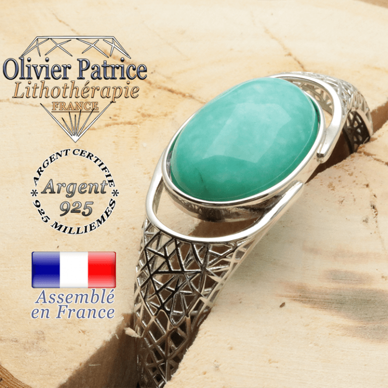 Bracelet de pierre naturelle amazonite et argent 925 tissé toile d'araignée jonc ouvert