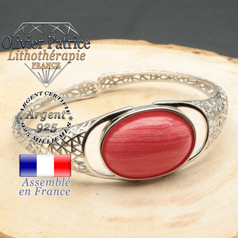 Bracelet rhodochrosite naturelle monté sur un anneau jonc femme ouvert avec tissage en forme de toile d'araignée