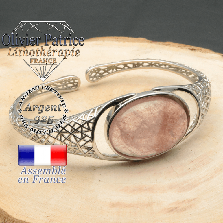 Bracelet pierre naturelle rose tourmaline pasteque en forme d'anneau ouvert jonc argent