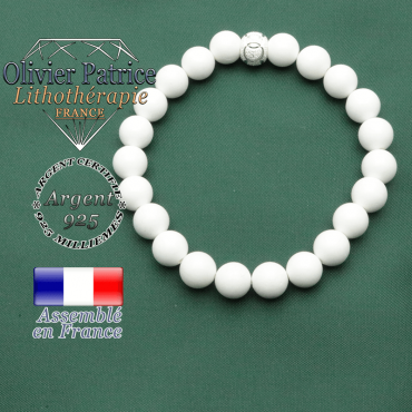 Bracelet agate blanche naturelle avec son symbole JO des jeux et du sport en argent 925 - apprêt strass 8 mm