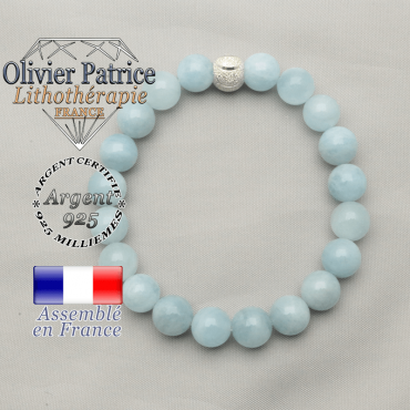 Aigue marine naturelle montées sur un bracelet avec boule ronde strass argent 925 en 8 mm avec un sourire
