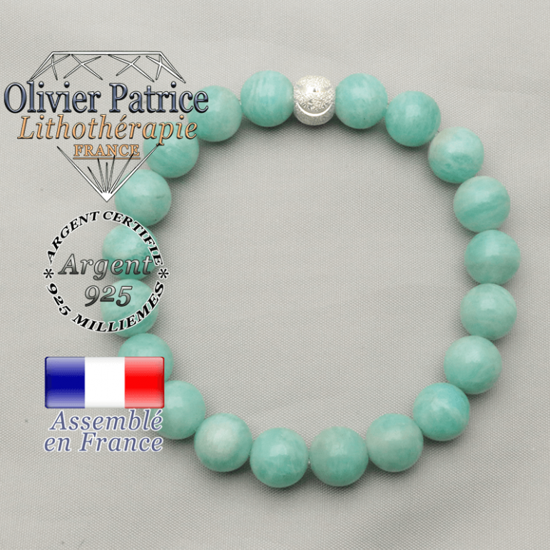 Bracelet souriant en argent 95 et amazonite naturelle avec boule strass smiley