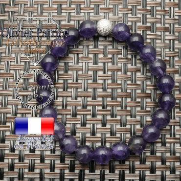 Bracelet pour femme en améthyste, pierre naturelle, et sa boule strass brillante en argent 925 unie