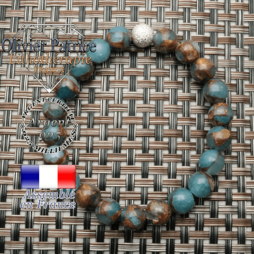 Bracelet boule appret strass uni en argent 925 avec pierres naturelles de bornite de couleur bleu et or