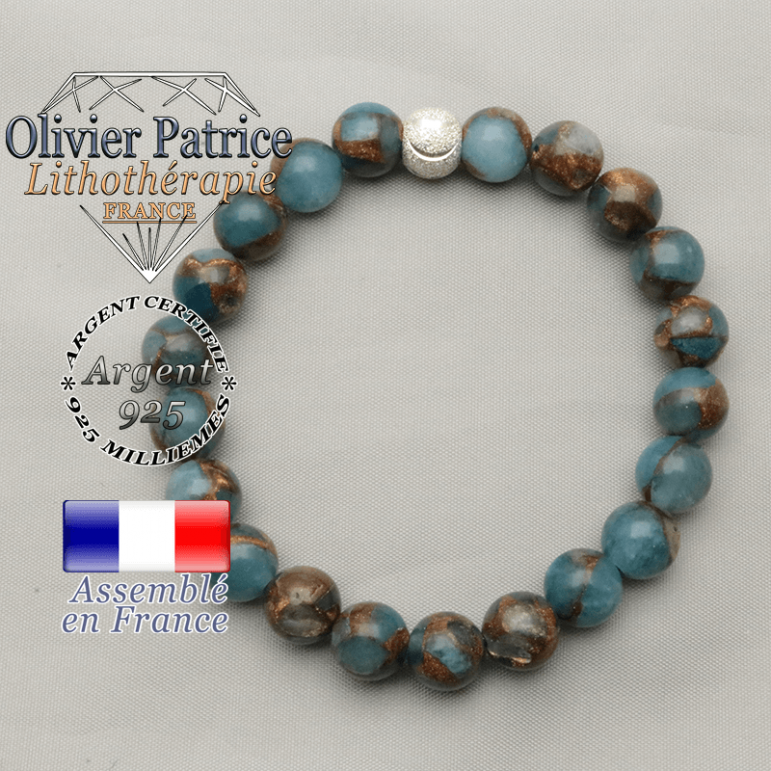 Boule strass sourire argent 925 monté avec des bornites bleus et or naturelles pour bracelet femme
