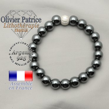 Bracelet hématite naturelle femme avec strass ronde unie argent 925 et brillante