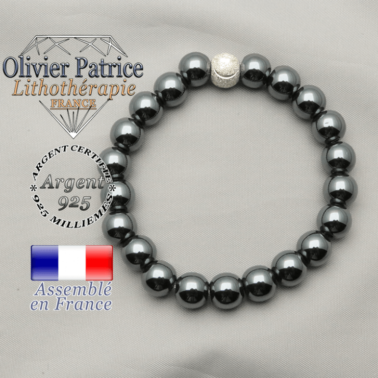 Bracelet hématite naturelle femme avec strass ronde unie argent 925 et brillante