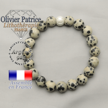 Bracelet naturel jaspe dalmatien femme argent 925 et finition du sourire appret 8 mm rond brillant