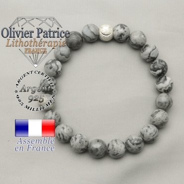 Bracelet pour trouver le sourire avec son apprêt brillant de 8 mm et pierres naturelles de jaspe gris crazy lace