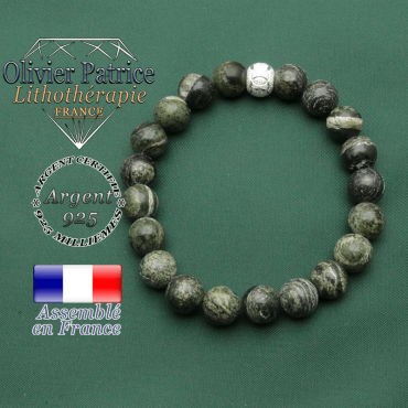 Jaspe zebre vert 8 mm monté sur un bracelet femme argent 925 avec apprêt anneaux des jeux olympiques