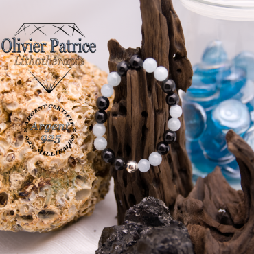 Bracelet en obsidienne et aigue marine avec boule lisse argent 925