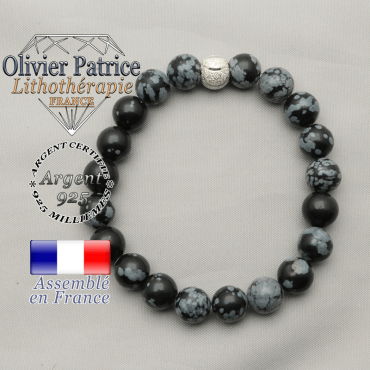 Bracelet obsidienne neige naturelle de 8 mm avec apprêt rond sourire et argent 925