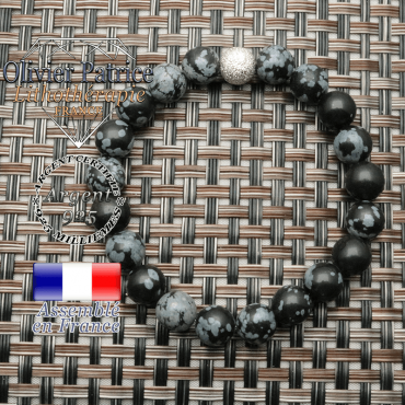 Bracelet strass finition unie en argent 925 pour pierres naturelles rondes de 8 mm obsidienne neige